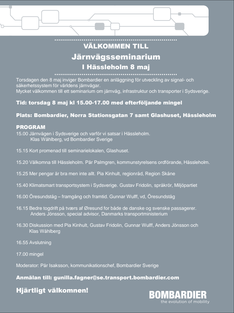 Program Järnvägsseminarium i Hässleholm 8 maj