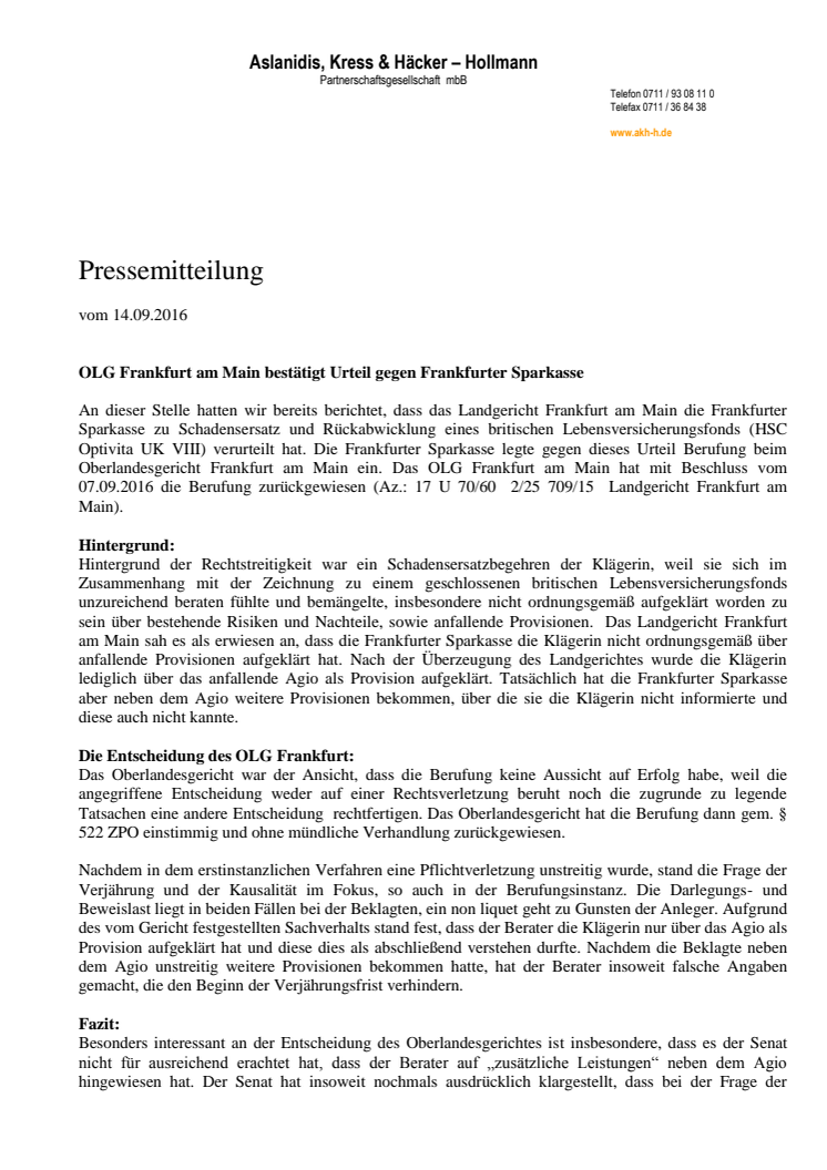 Lebensversicherungsfonds Krise aktuell: OLG Frankfurt am Main bestätigt Urteil gegen Frankfurter Sparkasse