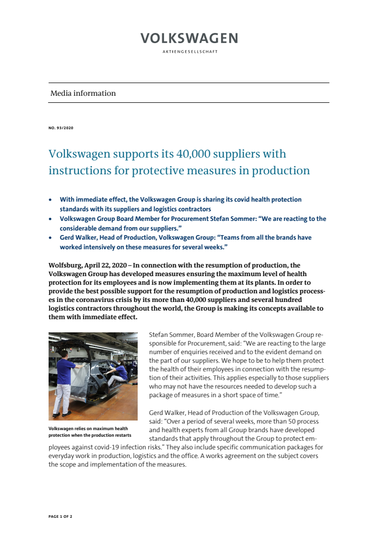 PM Volkswagen supports its 40,000 suppliers with instructions for protective measures in production