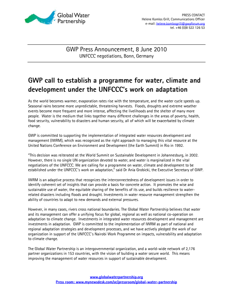 GWP calls for water adaptation programme under UNFCCC