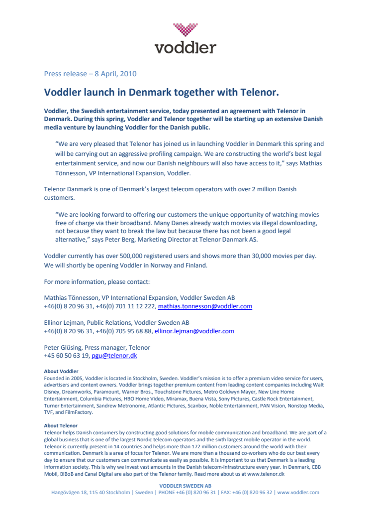 Voddler launch in Denmark together with Telenor.