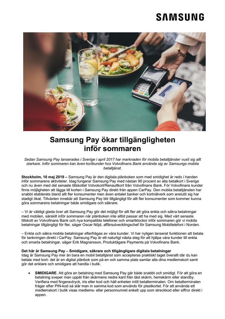 Samsung Pay ökar tillgängligheten inför sommaren