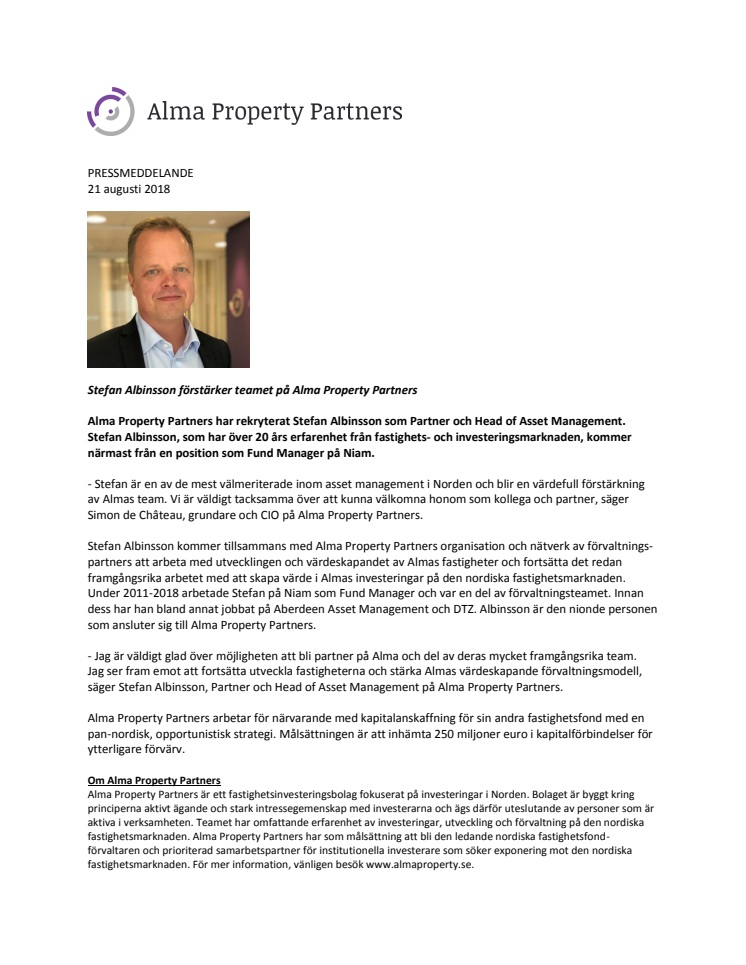 Stefan Albinsson förstärker teamet på Alma Property Partners