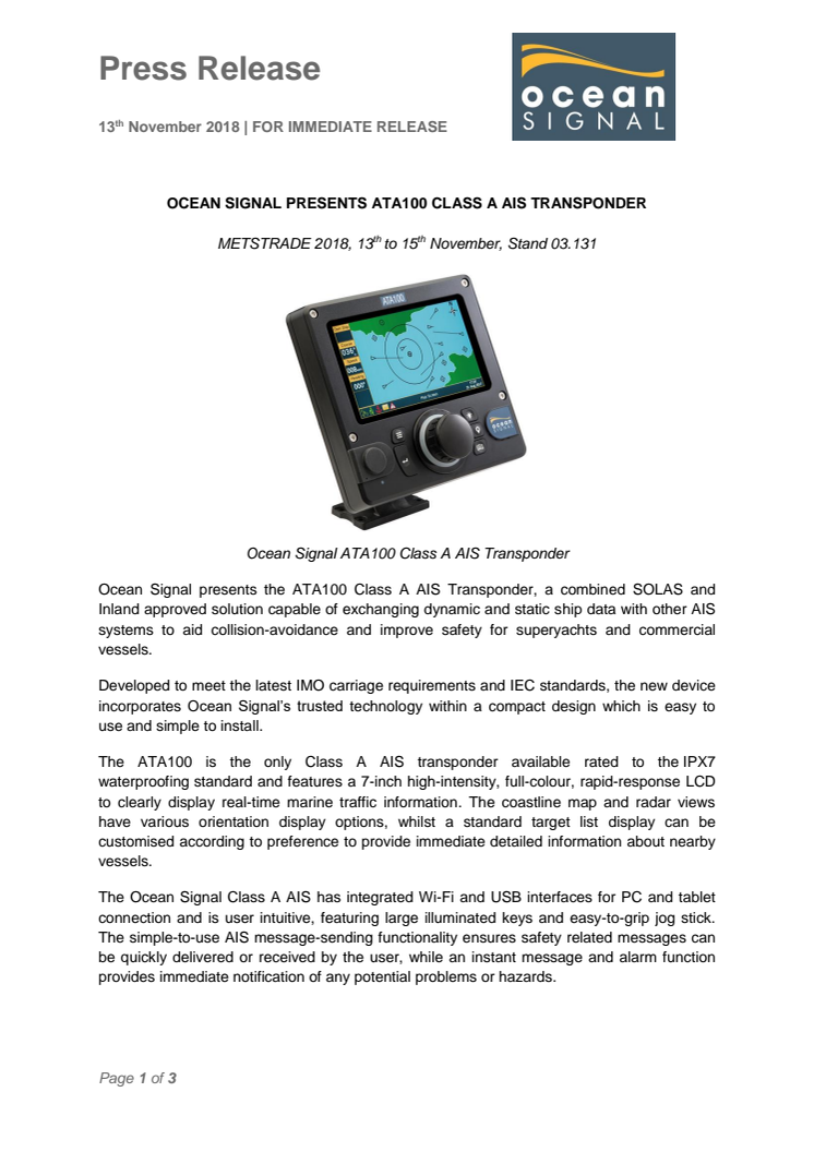 Ocean Signal Presents ATA100 Class A AIS Transponder