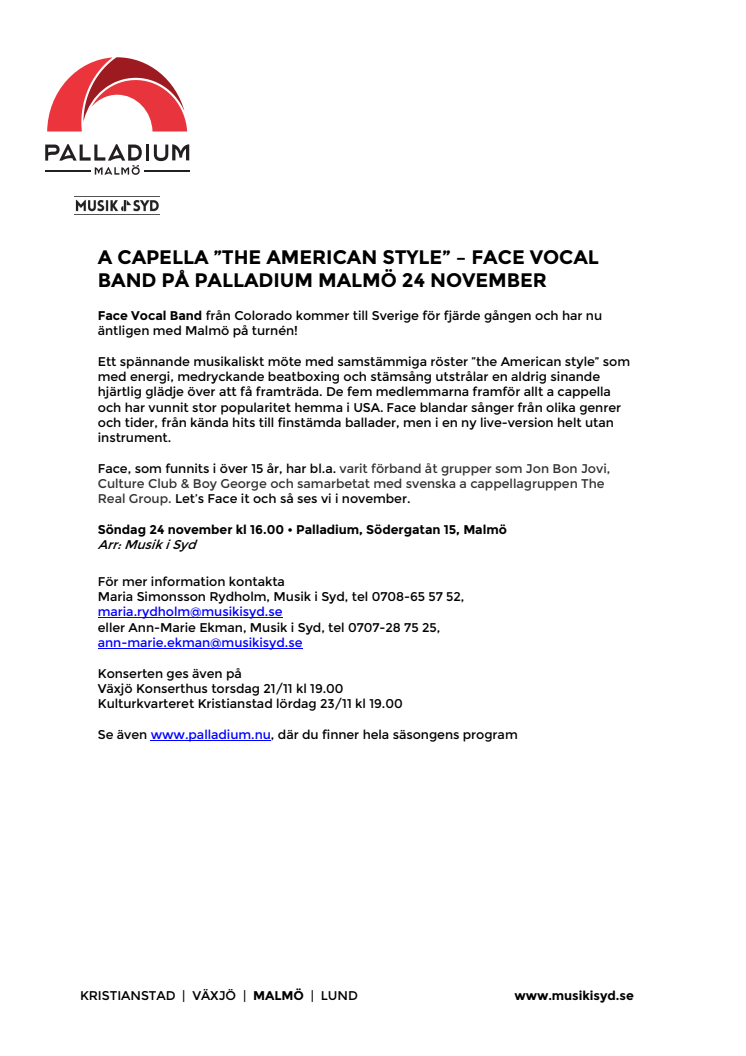 A capella ”the American style” – Face Vocal Band på Palladium Malmö 24 november