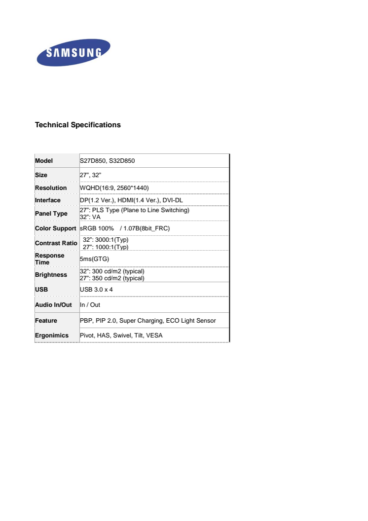 SD850 - Tekniske specifikationer