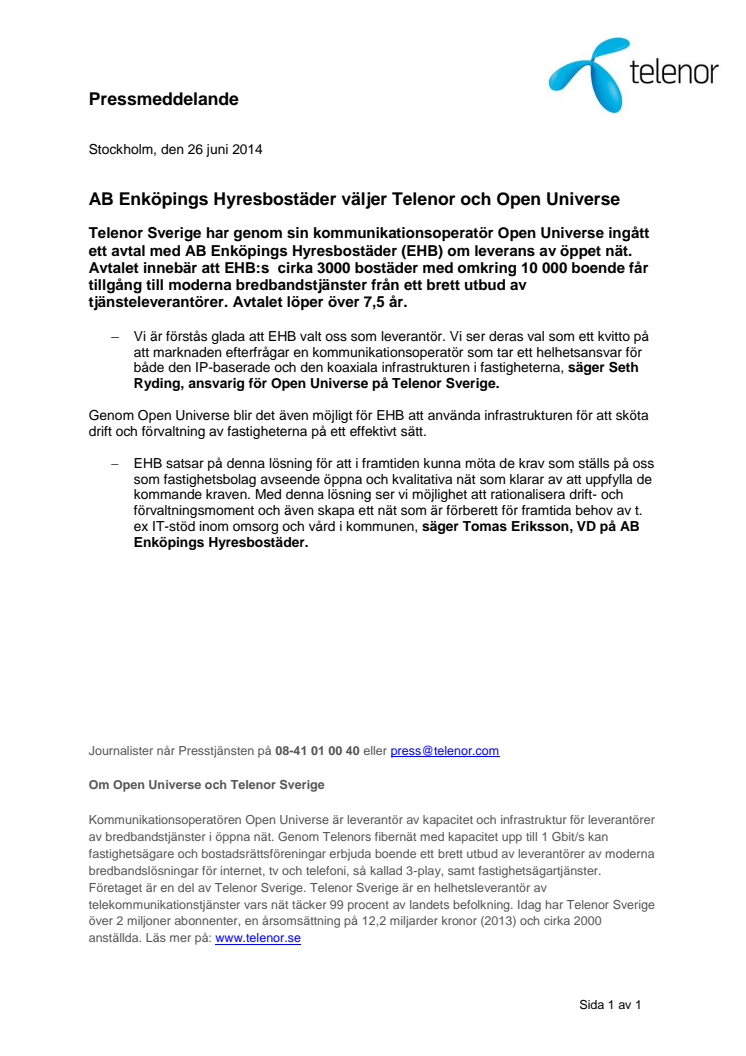 AB Enköpings Hyresbostäder väljer Telenor och Open Universe