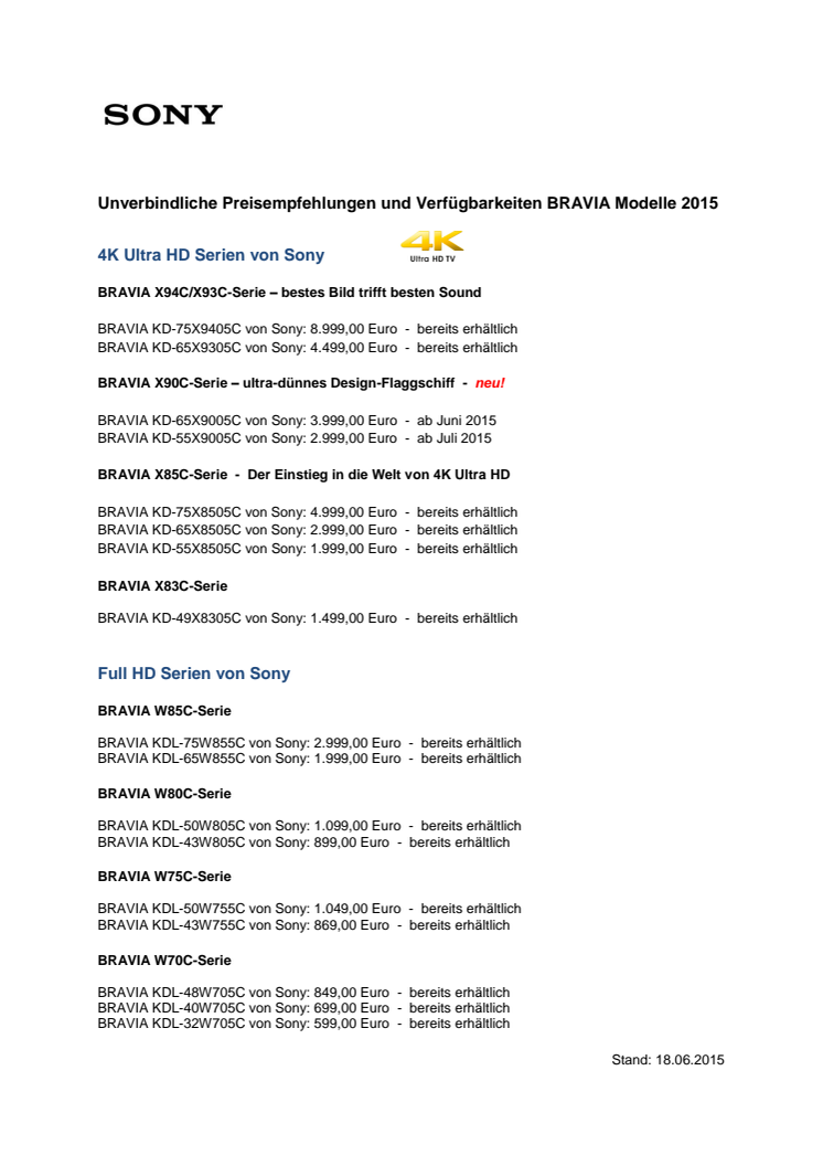 Sony BRAVIA 2015_Preise und Verfügbarkeiten