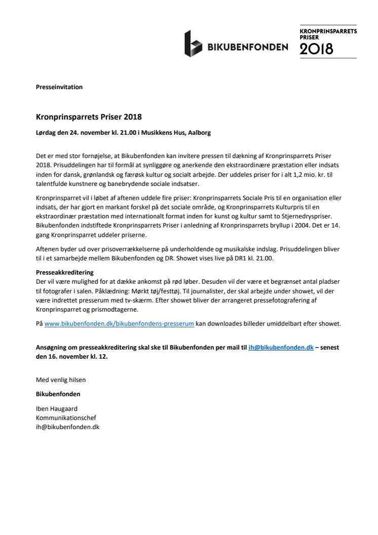 Presseinvitation Kronprinsparrets Priser 2018