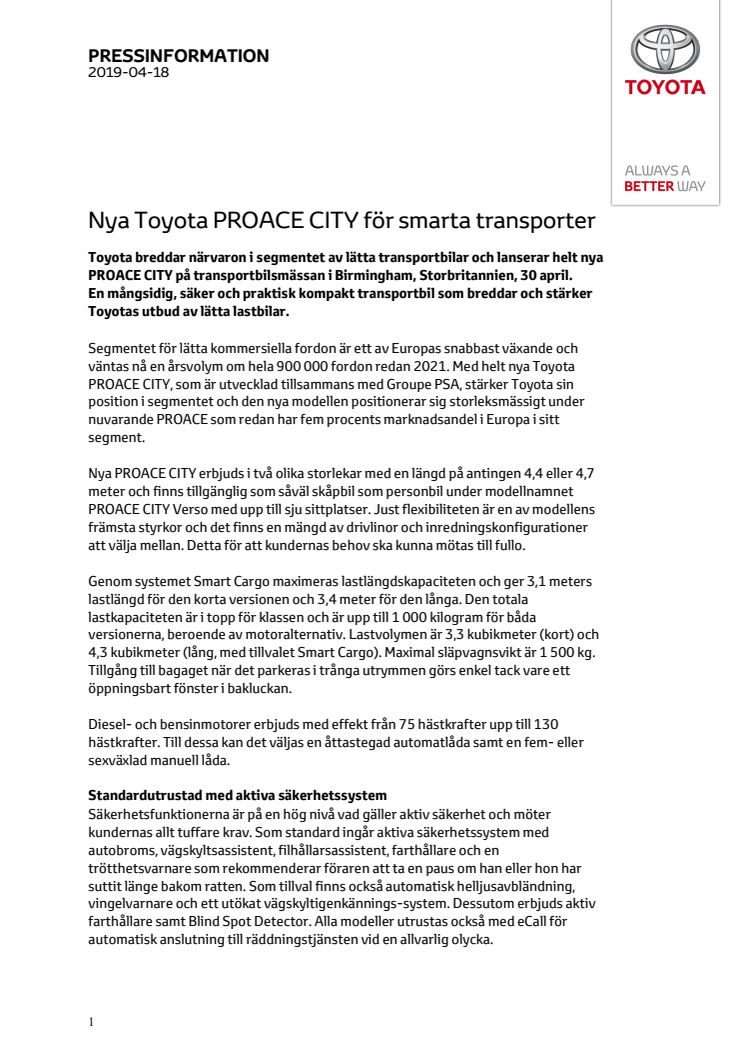 Nya Toyota PROACE CITY för smarta transporter