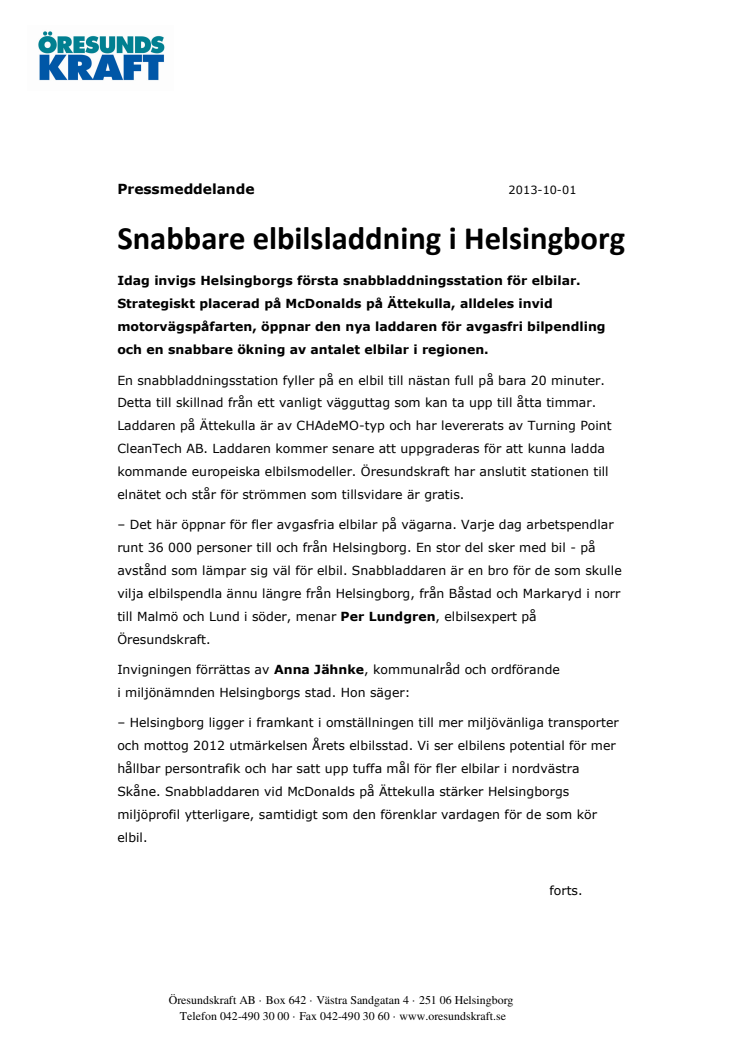 Snabbare elbilsladdning i Helsingborg