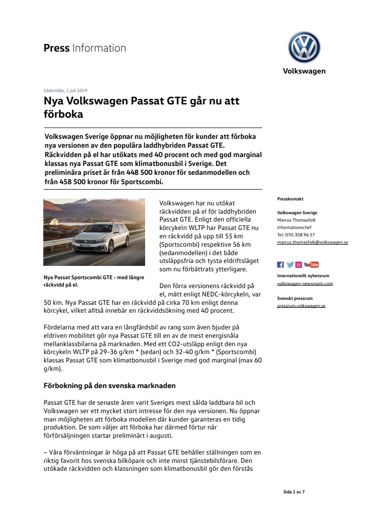Nya Volkswagen Passat GTE går nu att förboka