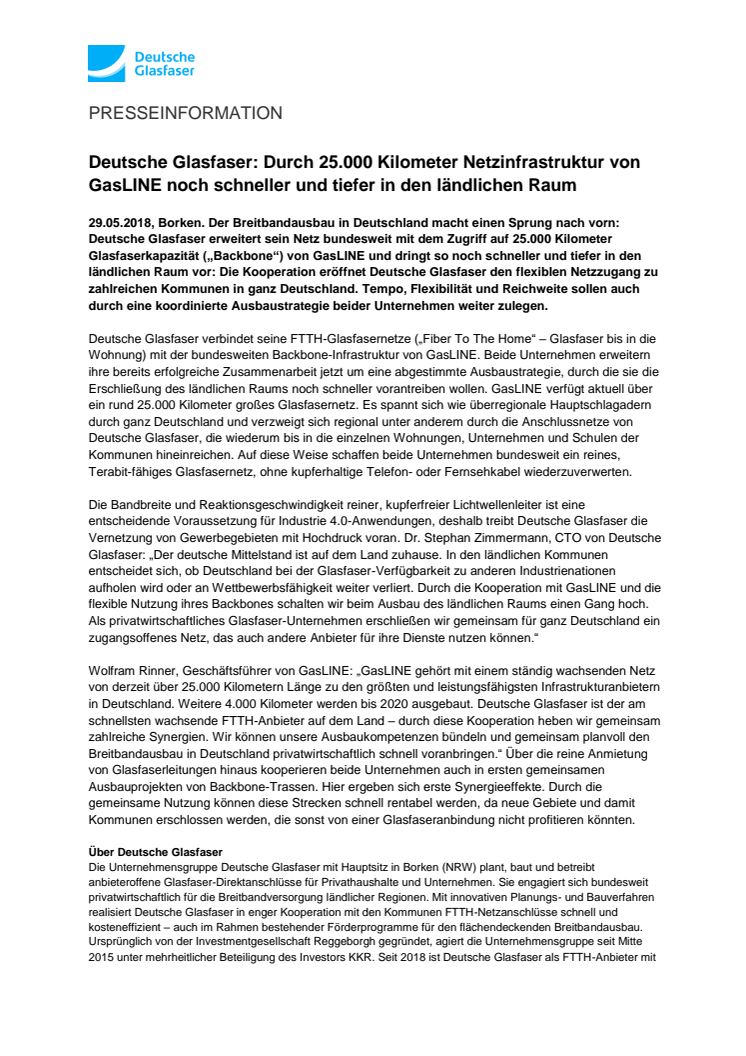 Deutsche Glasfaser: Durch 25.000 Kilometer Netzinfrastruktur von GasLINE noch schneller und tiefer in den ländlichen Raum