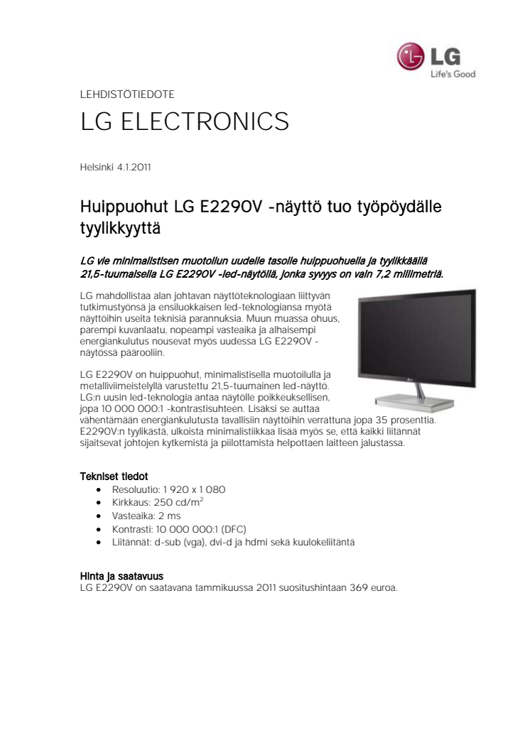 Huippuohut LG E2290V -näyttö tuo työpöydälle tyylikkyyttä