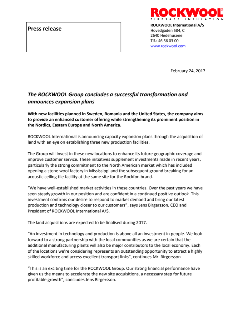 The ROCKWOOL Group concludes a successful transformation and announces expansion plans