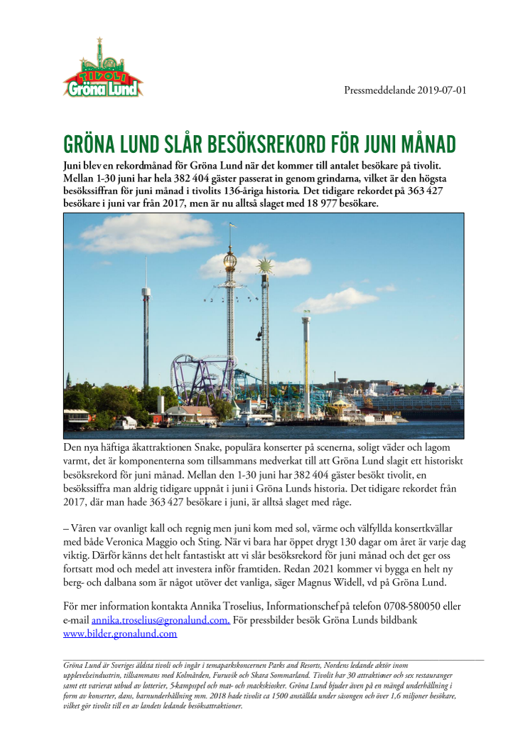 Gröna Lund slår besöksrekord för juni månad