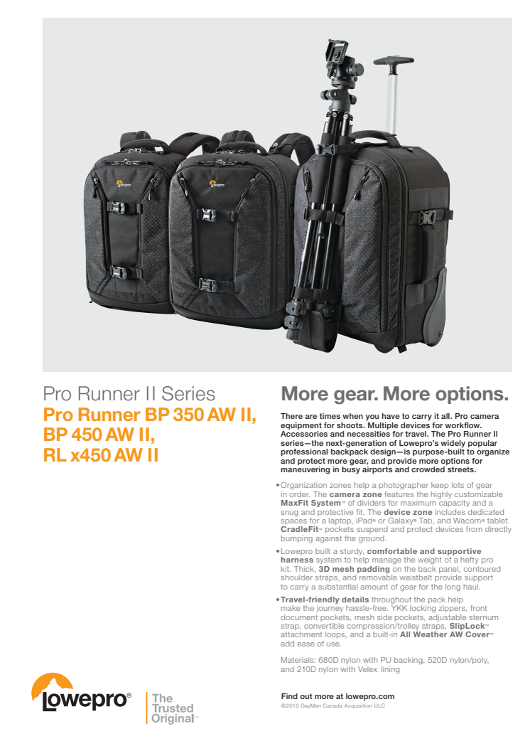 Lowepro Pro Runner II series, specifications