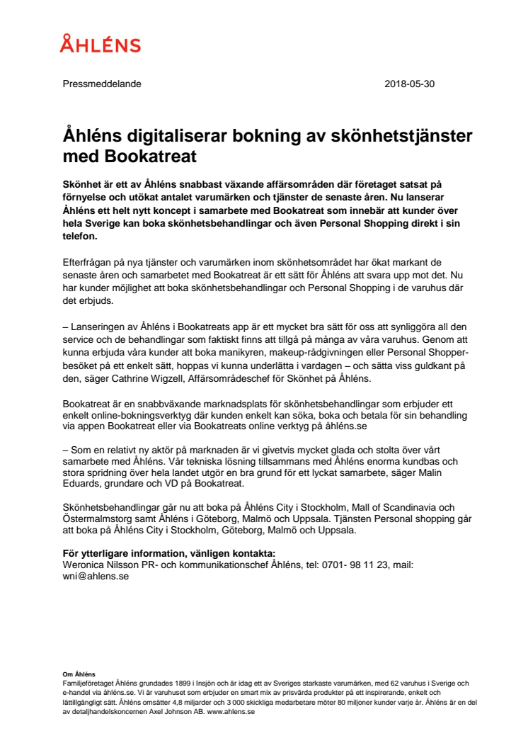 Åhléns digitaliserar bokning av skönhetstjänster med Bookatreat