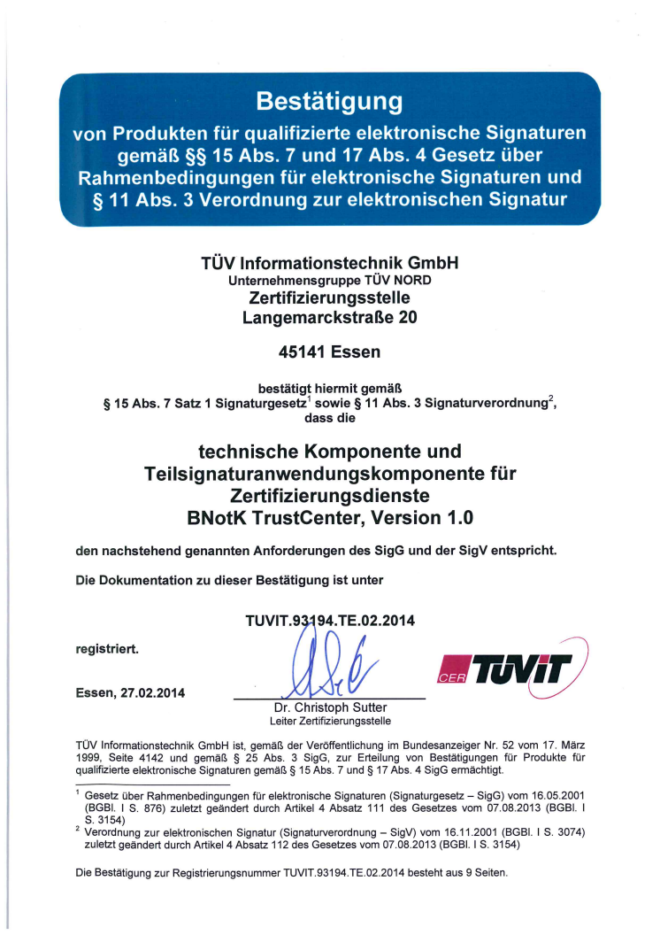 Urkunde TÜV-IT-BNotK-TrustCenter