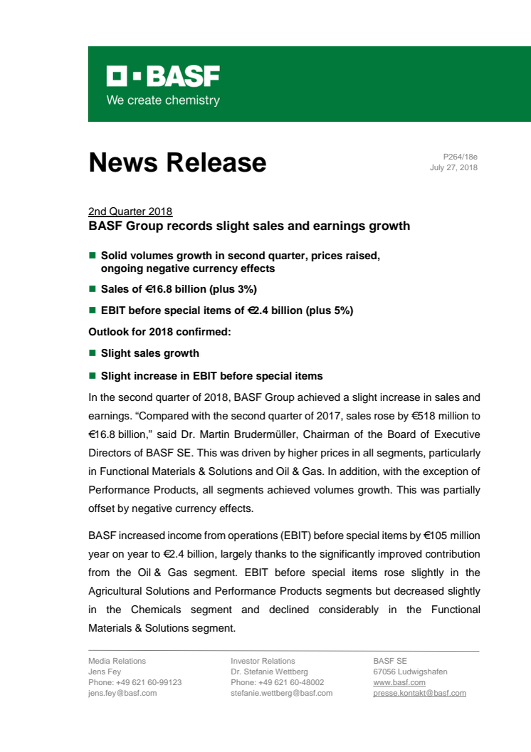 BASF Group præsenterer let vækst i omsætning og indtjening