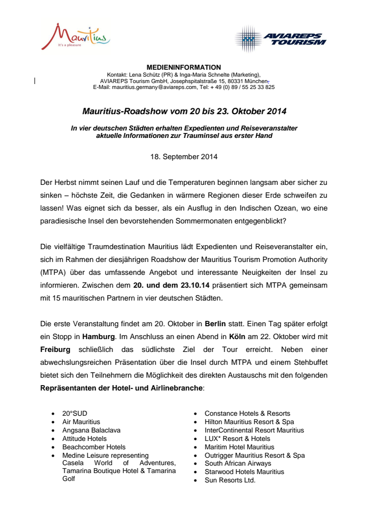 Mauritius-Roadshow vom 20 bis 23. Oktober 2014