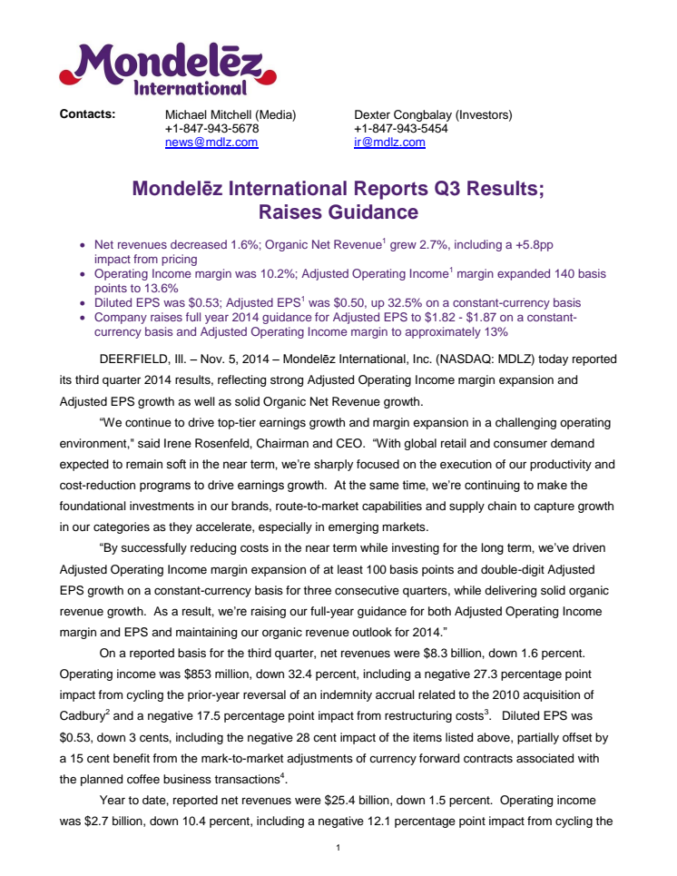 Mondelēz International Reports Q3 Results; Raises Guidance