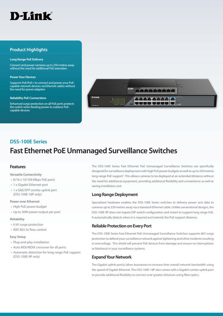 Datablad, DSS-100E Serie, Fast Ethernet PoE Unmanaged Surveillance Switches