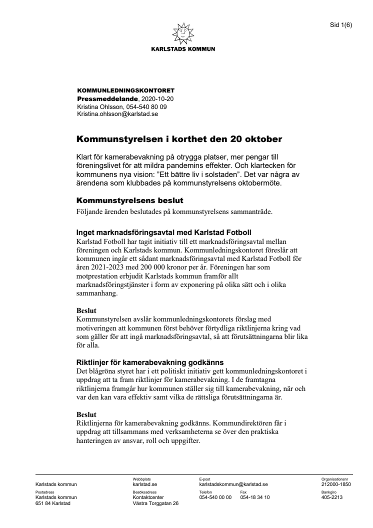 Kommunstyrelsen i korthet den 20 oktober