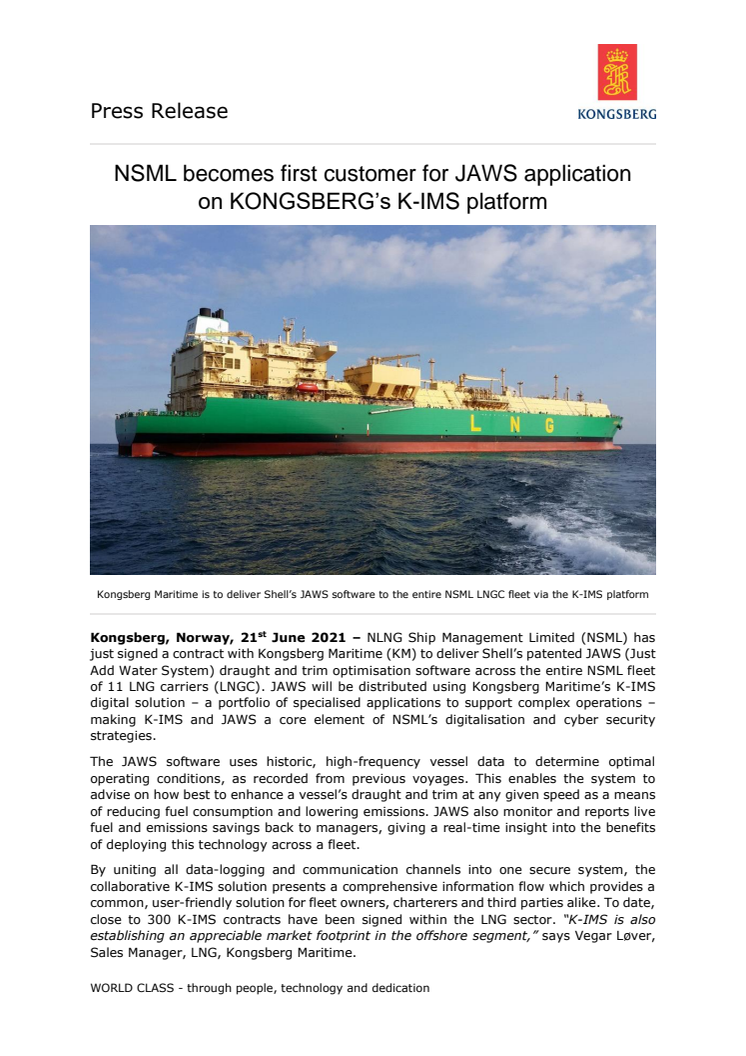 NSML becomes first customer for JAWS application on KONGSBERG’s K-IMS platform