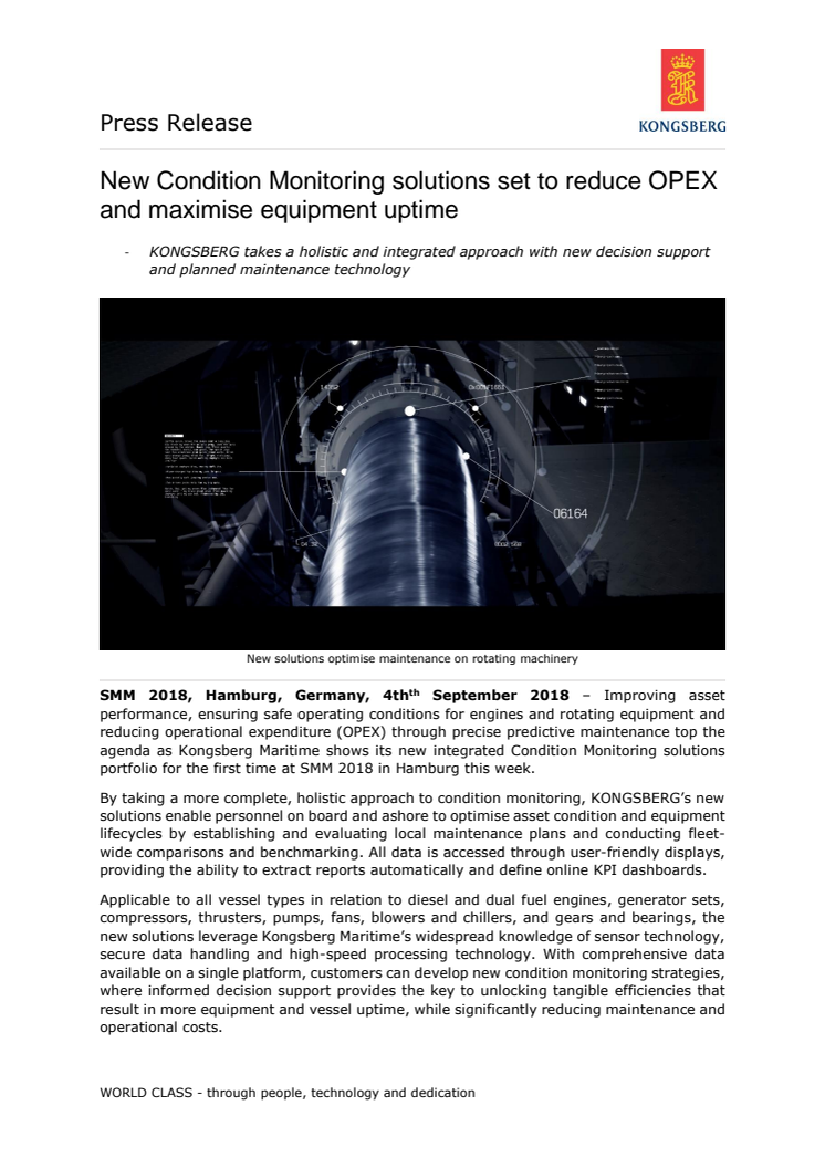 Kongsberg Maritime - SMM 2018: New Condition Monitoring solutions set to reduce OPEX and maximise equipment uptime 