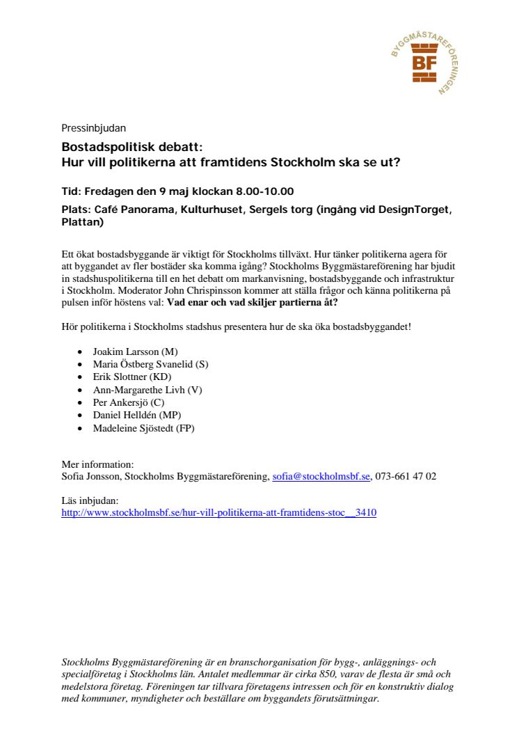 Pressinbjudan: Bostadspolitisk debatt - Hur vill politikerna att framtidens Stockholm ska se ut?