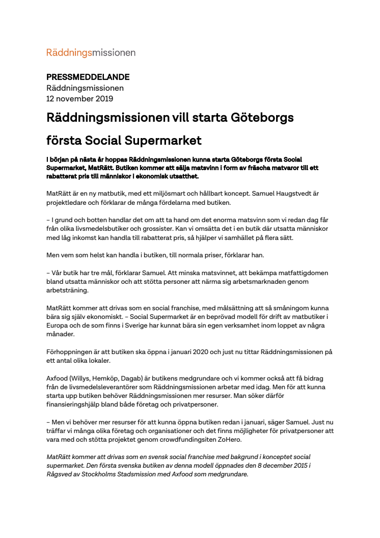 Räddningsmissionen vill starta Göteborgs första Social Supermarket