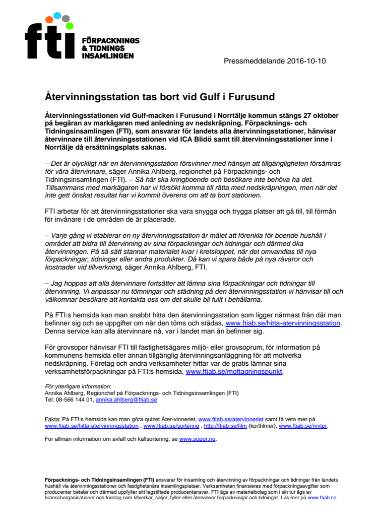 ​Återvinningsstation tas bort vid Gulf i Furusund