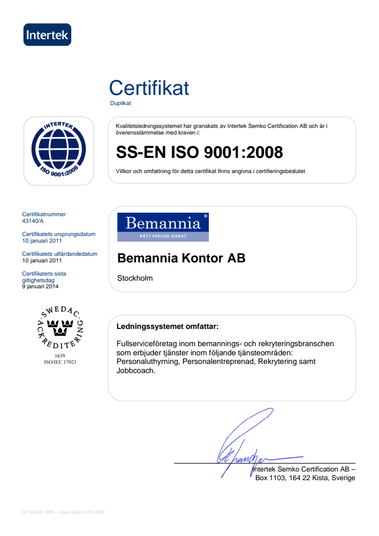 Certifikat ISO 9001:2008 Bemannia Kontor AB