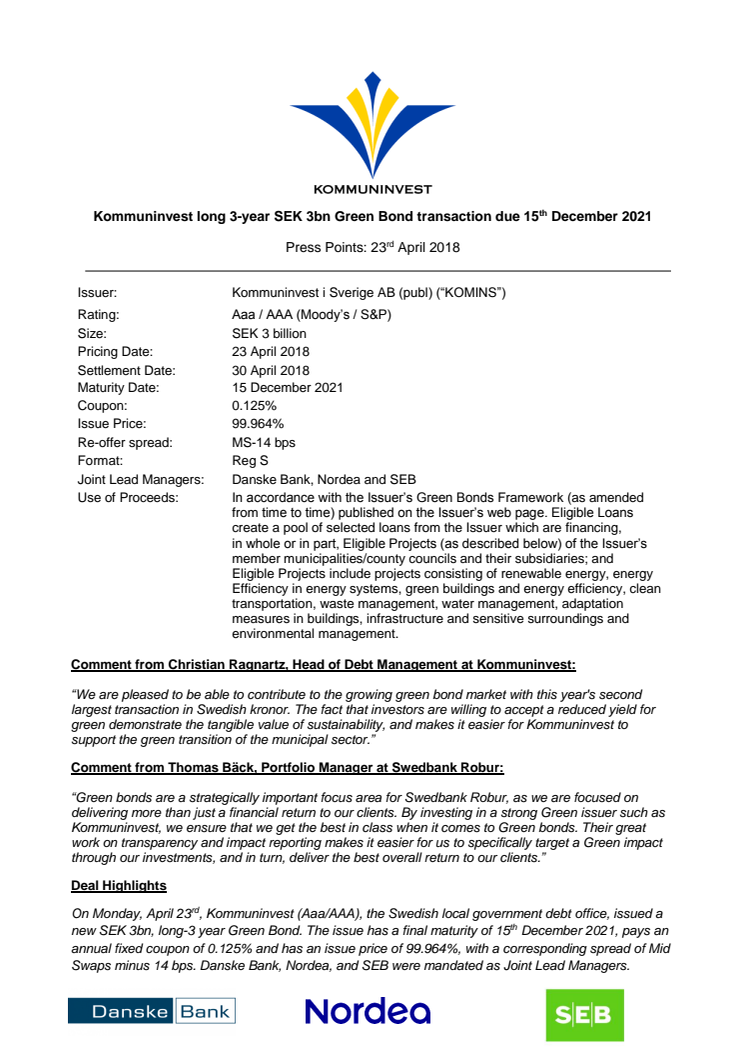 Press Points Kommuninvest Green Bond Transaction 23 April 2018