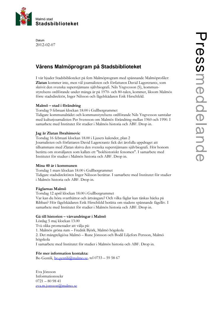 Vårens Malmöprogram på Stadsbiblioteket