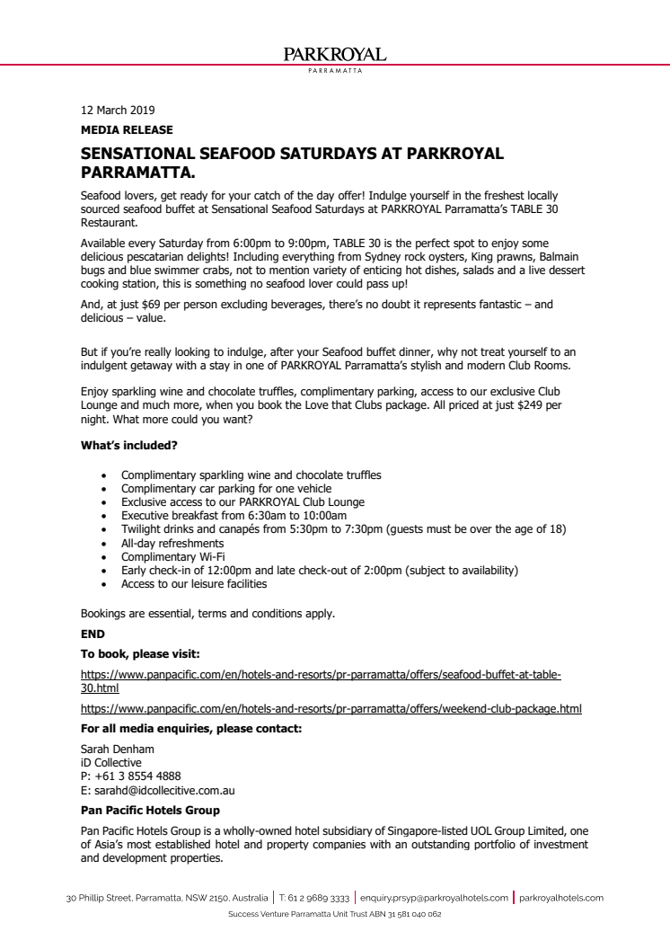 ​Sensational Seafood Saturdays at PARKROYAL Parramatta 