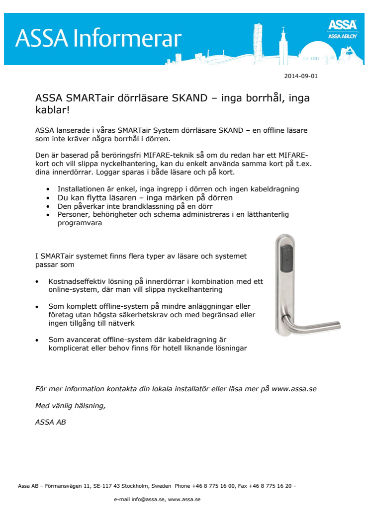 ASSA SMARTair dörrläsare SKAND – inga borrhål, inga kablar
