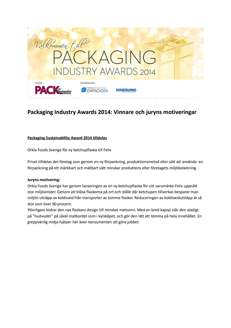 Packaging Industry Awards 2014 Juryns motivering