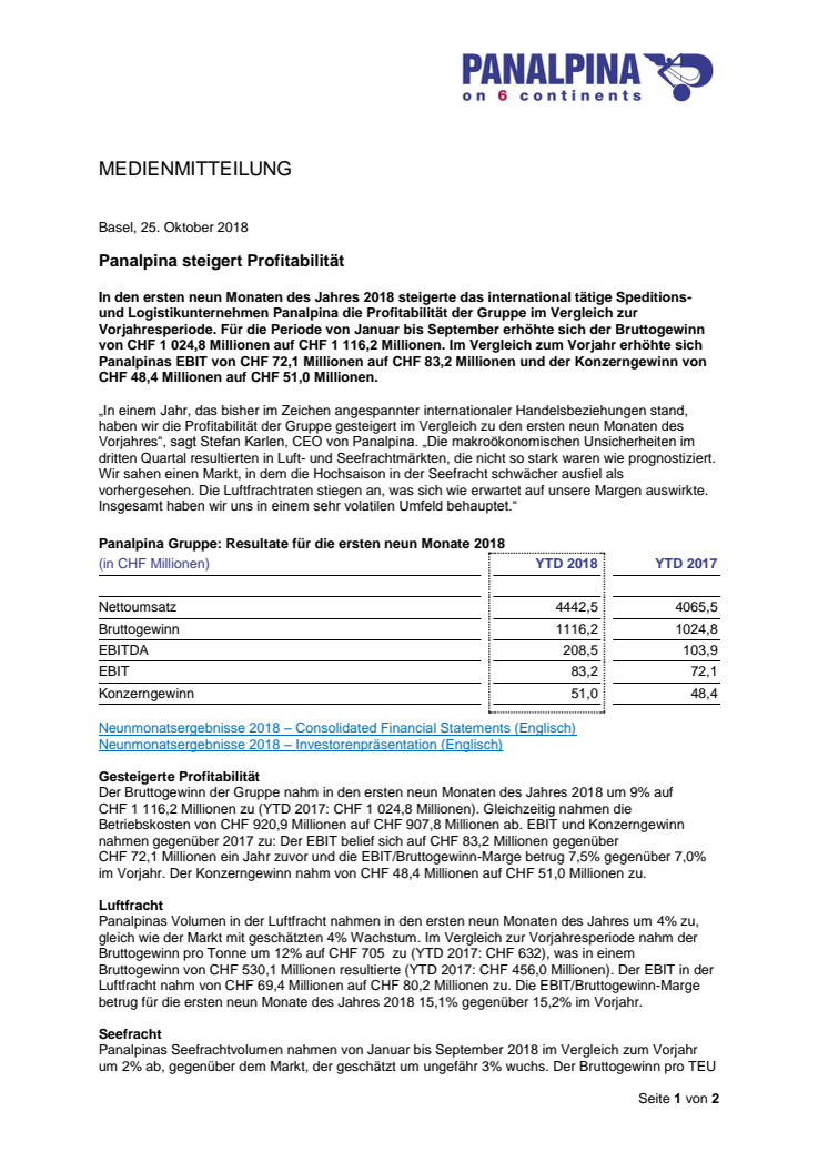 Panalpina steigert Profitabilität