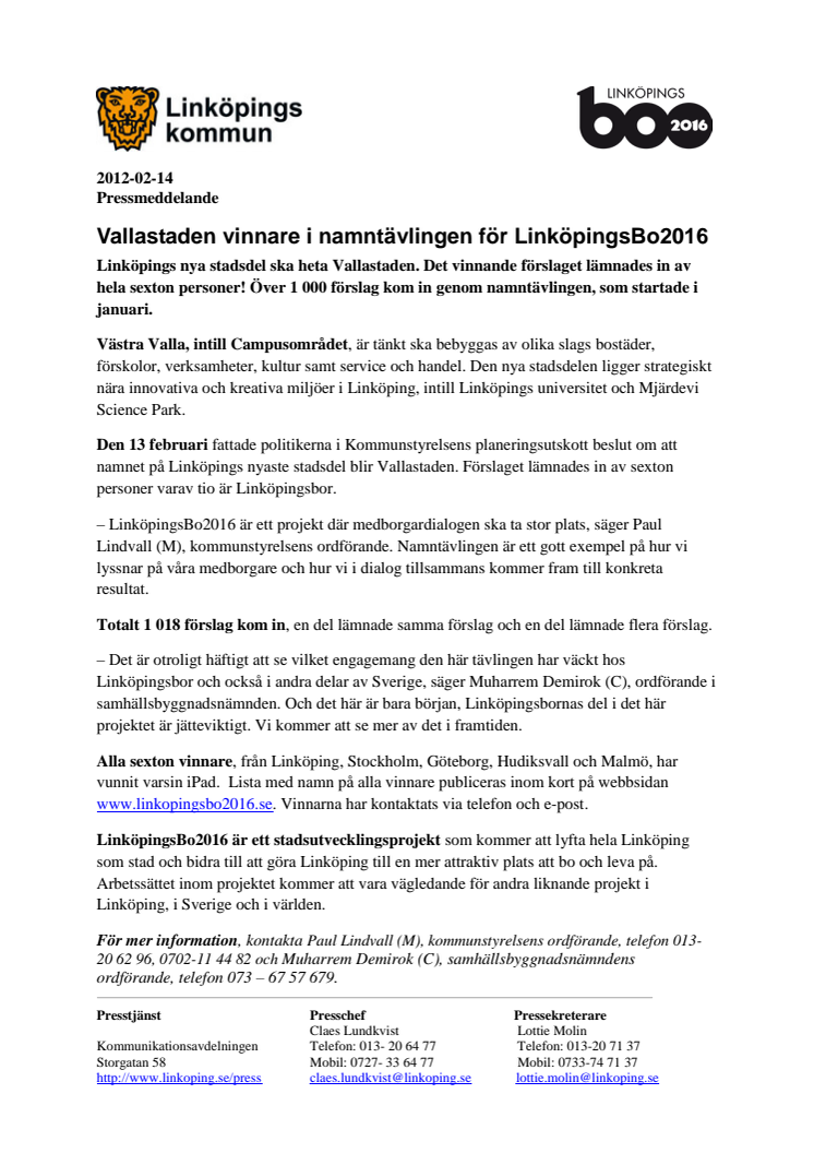 Vallastaden vinnare i namntävlingen för LinköpingsBo2016