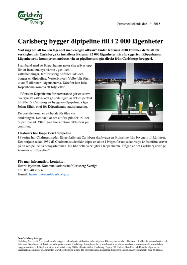 Carlsberg bygger ölpipeline i 2 000 lägenheter