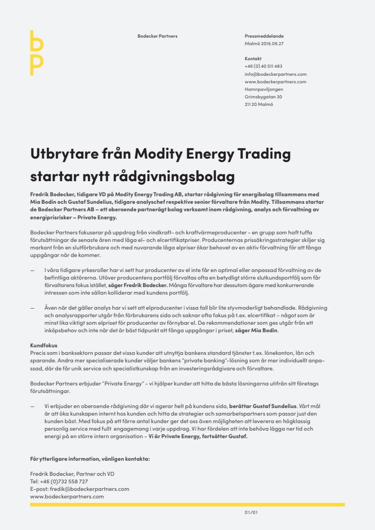 Utbrytare från Modity Energy Trading startar nytt rådgivningsbolag