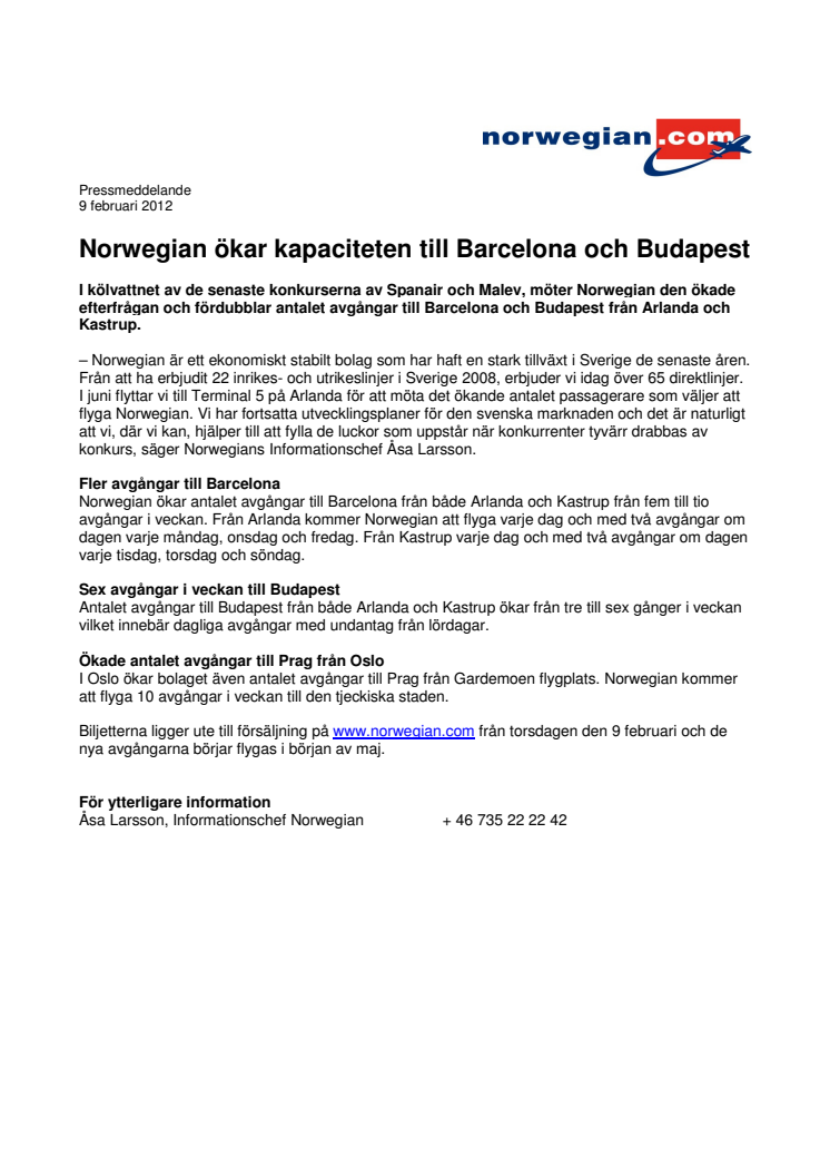Norwegian ökar kapaciteten till Barcelona och Budapest