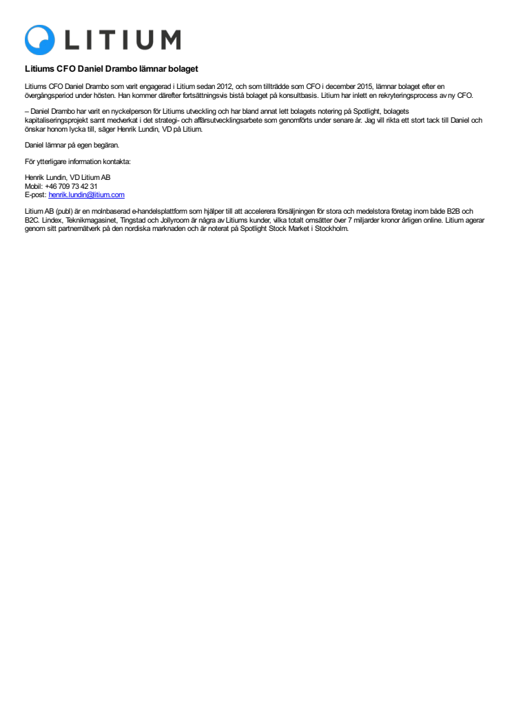 Litiums CFO Daniel Drambo lämnar bolaget
