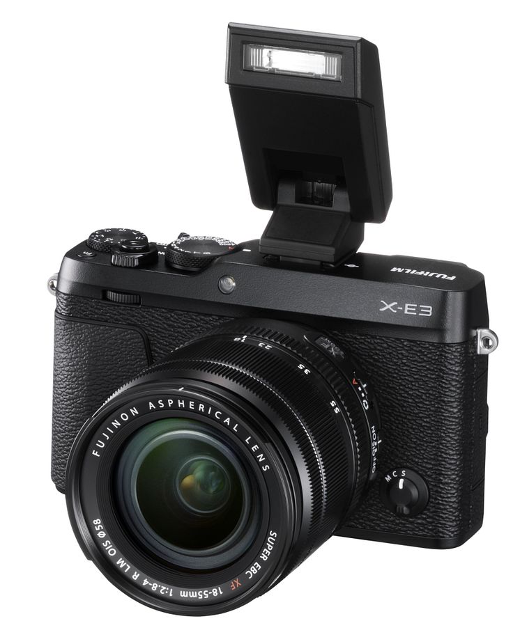 FUJIFILM X-E3 black with XF18-55mm F2.8-4 and EF-X8 flash