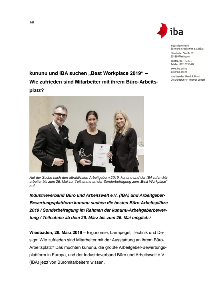 kununu und IBA suchen „Best Workplace 2019“ – Wie zufrieden sind Mitarbeiter mit ihrem Büro-Arbeitsplatz? 