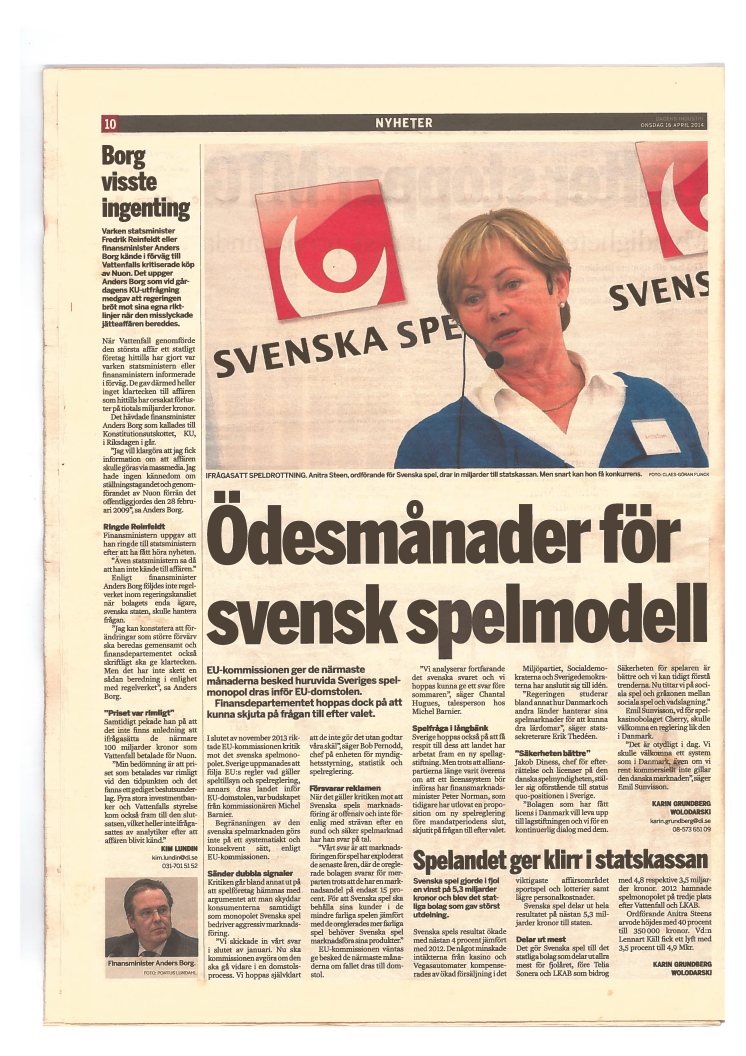 Artikel i Dagens Industri om ifrågasatt spelmonopol 