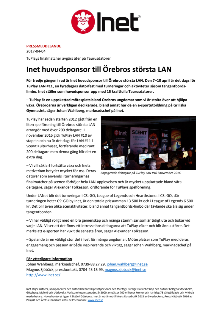 Inet huvudsponsor till Örebros största LAN