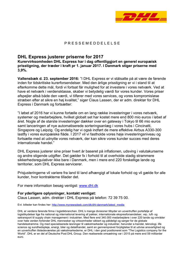 DHL Express justerer priserne for 2017